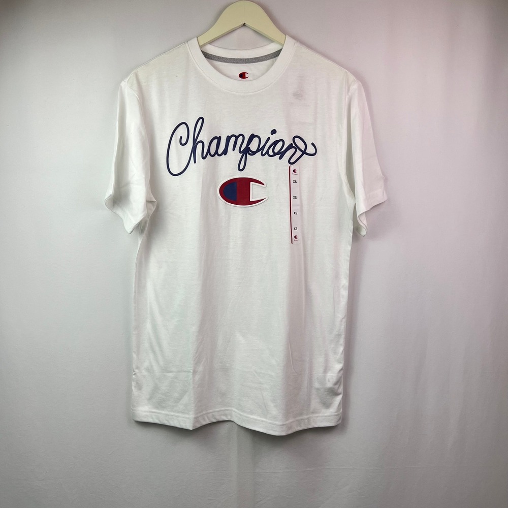 Champion Graphic Tee Stark White Script Logo TShirt Men's XS Unisex Cotton Blend